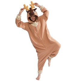 Reindeer Onesie Animal Cosplay Sleepwear Unisex Costume Deer Onesie for Adult Women Men Sherpa One-Piece Pajamas