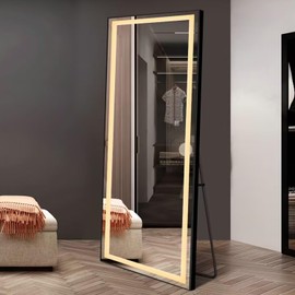 H & A Full Length Mirror with Lights, 65x22''LED Lighted Floor Mirrors Black Frame, Full Body Dressing Hanging Dimmable & 3 Color Modes Floor Standing Mirror