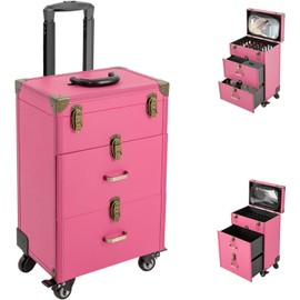 YIYIONCE 3-Tiers Cosmetology Case on Wheels Rolling Makeup Train Case Cosmetic Trolley Case with Drawers & Bronze Hardware Tattoo Travel Case Nail Tech Travel Case for Makeup-Artists (Rose)| US STOCK