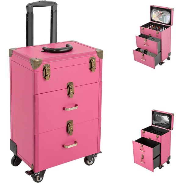 YIYIONCE 3-Tiers Cosmetology Case on Wheels Rolling Makeup Train Case