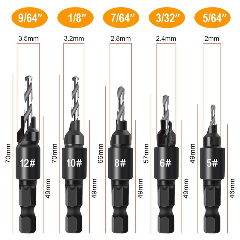 Countersink Drill Bit Set, 5Pcs Woodworking Counterbore Hole Drill Bits