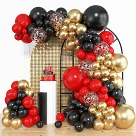 Amandir 153pcs Red Black Gold Balloon Garland Arch Kit, Different Sizes 18 12 10 5 inch Red Black Gold Latex Metallic Confetti Gold Balloons for Graduation Casino Theme Birthday Party Decoration