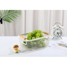 AJIODA Metal Mesh Steel Basket, Small Wire Storage Organizer Basket Multi-function Hanging Kitchen Basket with Wood Handle for Kitchen Bathroom Picnic Home, Rectangle-Off White