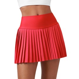 CRZ YOGA Women's High Waisted Pleated Tennis Skirts with Pockets Tummy Control Casual Liner A Line Workout Golf Skorts Deep Red X-Large