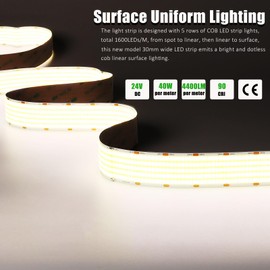 JOYLIT 30MM Wide COB LED Strip Lights 24V Natural White 4000K 16.4FT/5M 8000LEDs 22000LM Ultra Bright, 5 Rows LED Tape Light CRI 90+ 160W Dimmable Indoor Light Strip for Commercial, Home, Industrial