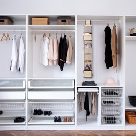 Relaxdays Wardrobe Hanging Shelf, 7 Compartments, Fabric, 106 x 16.5 x 31 cm, 2 Drawers, Clothes Organiser, Beige