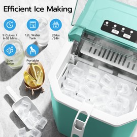 ZAFRO Countertop Ice Maker, 26.5Lbs/24H, 9 Bullet Cubes in 6 Mins, Self-Cleaning Portable Ice Machine with 2 Ice Sizes (S/L), Quiet Compact Design, Double Handles, for Home, Party, RV, Camping, Green