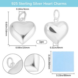 Beebeecraft 1 Box Small Heart Charms 925 Sterling Silver 3D Heart Charm Pendants with Jump Rings Love Hearts Dangle Charms for Jewelry Making Earrings Necklaces Wedding Valentine's Day DIY Crafts