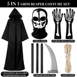 Tisancy Men Grim Reaper Costume and Plastic Scythe Skeleton Face Cover and Gloves Set Tunic Cosplay Hooded Robe Accessories