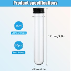 30 Pcs Plastic Test Tubes with Caps,25 x 140mm Clear Test Tubes with Black Aluminum Screw Caps,for Sample, Scientific Experiments, Gumball, Candy, Bath Salts, Party Supplies(40ml)