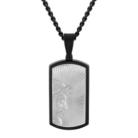 Stainless Steel Men's Dog Tag Pendant - Black Finish with Jesus Face & Rays, 24-Inch Rolo Chain