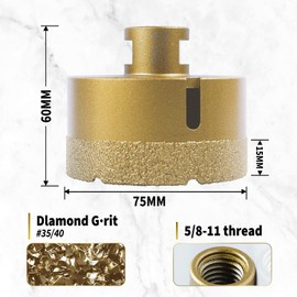 Diamond Core Drill Bits 3 Inch (75mm) Tile Hole Saws Vacuum Brazed Diamond Hole Saw for Tiles Porcelain Ceramic Glass Marble Brick Granite Quartz, Dry or Wet Use, 5/8-11 Thread