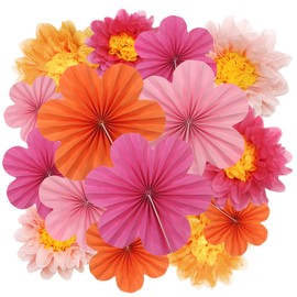 15Pcs Paper Flowers Paper Fans Orange and Hot Pink Tissue Paper Flowers Party Decorations for Graduation Groovy Birthday Baby Shower Wedding Engagement Room Wall Decor (Hot Pink - Orange)