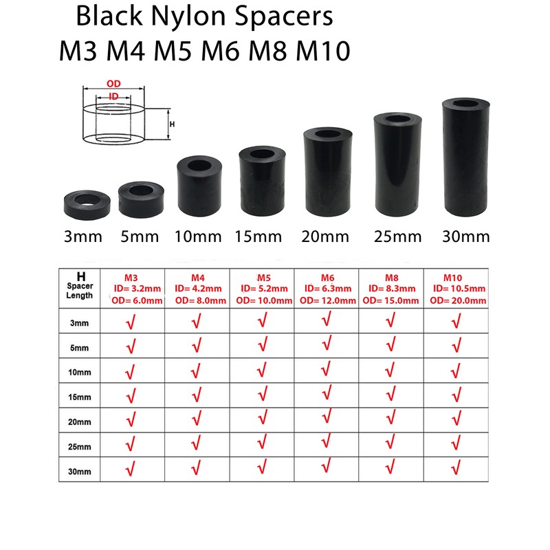 12pcs. x M6 x 5mm Black Nylon Spacers and Standoff