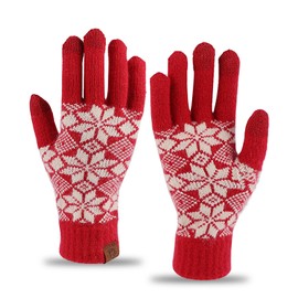 Long Keeper Red Wool Gloves for Women Winter Touchscreen Knitted Elastic Cuff Gloves Soft Stretchy Warm Gloves for Driving Cycling (Maple Leaf)