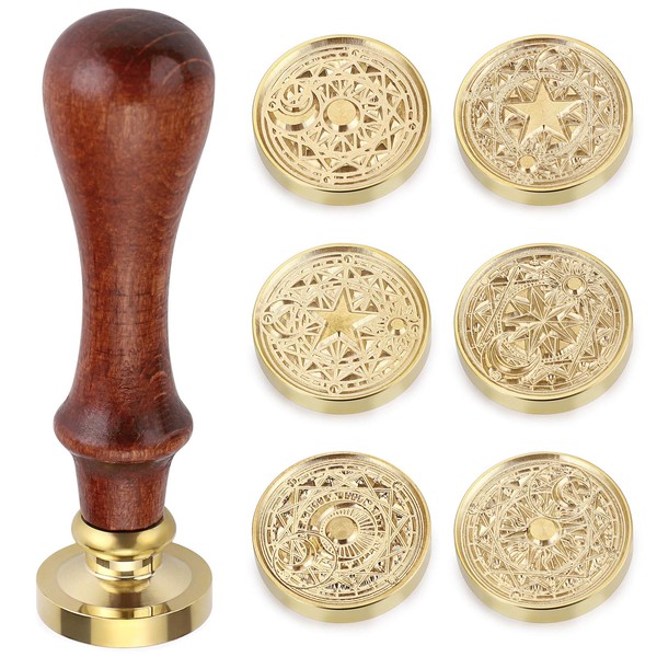 Sumnacon Sealing Stamp Wax Seal Stamp Set Wooden Handle Sealing Wax Seal Stamp Invitation Letter Seal Seal Tube Confession Message Card Letter Sealing Wax Seal Various Magic Team (1 Stamp, 6 Copper