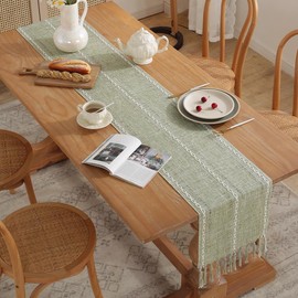 meioro Rustic Table Runner with Tassels, 33 x 183 cm, Country House Style, Boho Table Runner, Braided Striped, Linen Polyester Table Decoration for Dining, Party, Holiday and Wedding (Green)