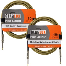 Gearlux Instrument Cable/Professional Guitar Cable 1/4 Inch to 1/4 Inch, Tweed, 10 Foot - 2 Pack