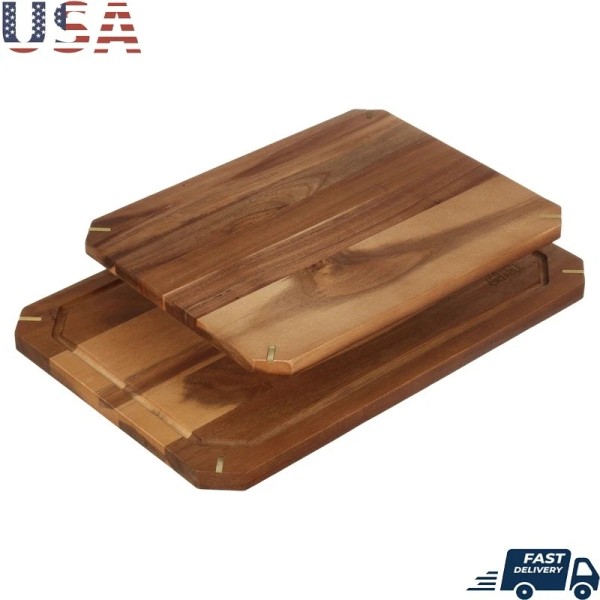 2-Piece Acacia Cutting Board Set W/ Non-Slip Feet Juice Grooves