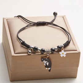 Fuqimanman2020 Cute Cat Bracelet Kawaii Kitten String Rope Chain Braided Bracelet Cat with Flower Adjustable Bracelet Cat Lover Jewelry-black