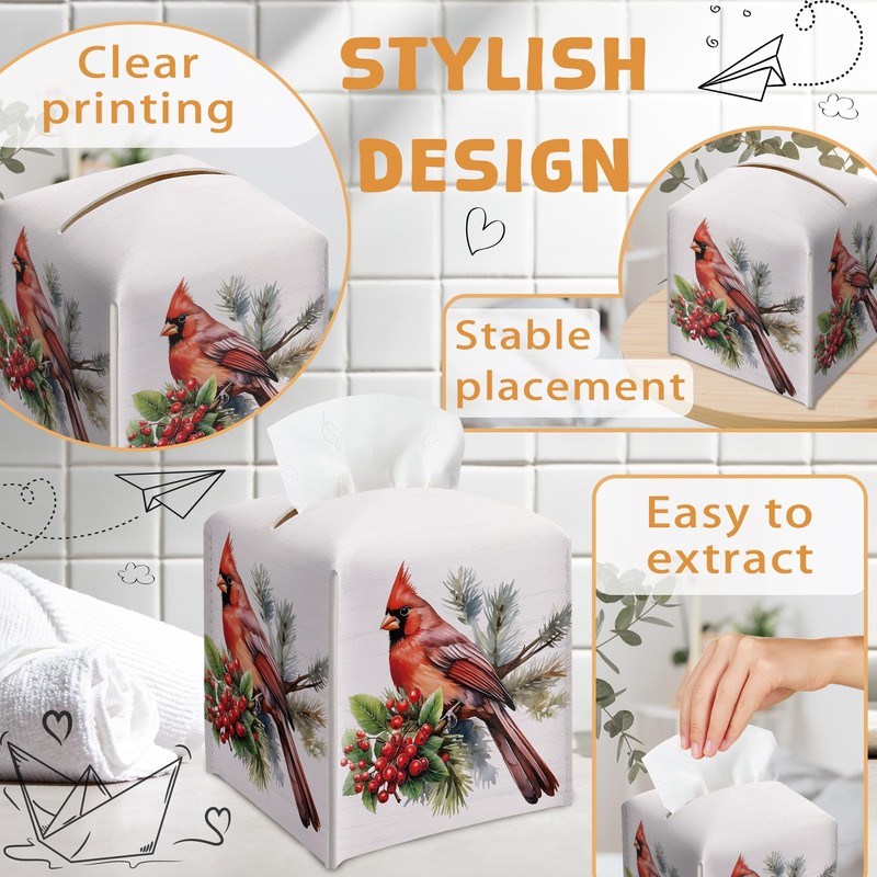 Christmas Tissue Box Holder, Christmas Cardinal Leather Tissue Box Cover