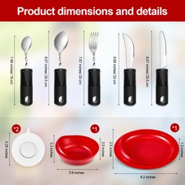 2 Sets Adaptive Utensils Bowl and Plate Set Adaptive Self Feeding Dinnerware with Suction Base Non Slip Bendable Cutlery for Elderly Disabled Hand Tremors Arthritis Parkinson(Red)
