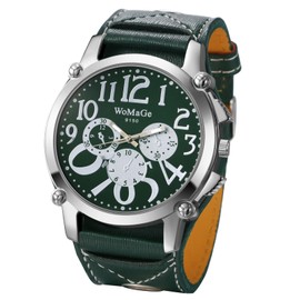 JewelryWe Men's Steampunk Leather Watch: Easy to Read Large Big Dial Green Wide Strap Analog Quartz Three-Eye Decorative Biker Cuff Wrist Watch