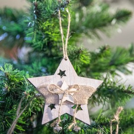 Christmas Tree Ornaments Wooden Aesthetic Hanging Decorations set of 6 pcs with Bells Xmas DIY Holiday Home Décor – Stocking, Bauble, Heart, Tree, Reindeer, Star Shape pieces(8cm)