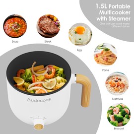 Audecook Hot Pot Electric with Steamer, 1.5L Portable Nonstick Rapid Noodles Cooker, Travel Electric Skillet with Dual Power Control for Ramen/Pasta/Soup/Steak/Egg/Oatmeal (White)