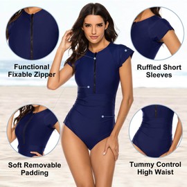 Wolddress Traje de baño deportivo de una pieza con cremallera frontal para mujer, Azul Marino, XL