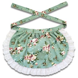 CRB Fashion Waist Apron with Pocket Cotton Commercial Restaurant Waitress Waiter for Girl Woman Half Bistro Aprons (Green Floral)