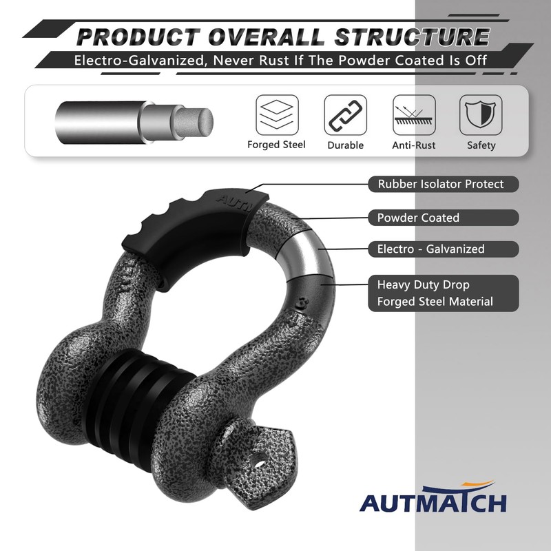 AUTMATCH D Ring Shackle 3/4" Shackles (2 Pack) 41,887Ibs Break