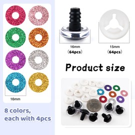 TOAOB 64pcs 16mm Glitter Safety Eyes Plastic Crafts Crochet Doll Eyes 8 Colors Round Stuffed Animals Eyes with Washers for DIY Puppet Doll Making Christmas Decoration