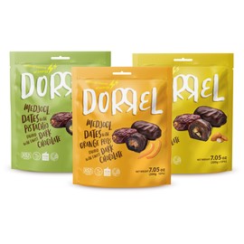 DORREL - Trio Bundle Pack: Belgian Dark Chocolate Covered Dates Medjool with Candied Orange Peels, Salted Almonds & Pistachio Stuffing, High Energy Kosher Non-GMO Choco Snack Pack of 3, 7.05 oz Ea