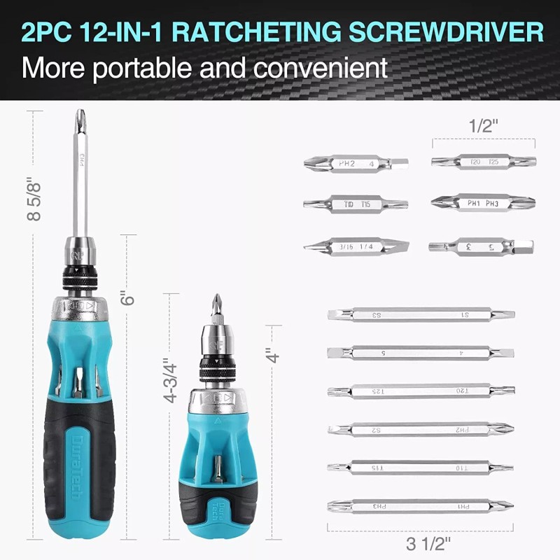 DURATECH 2PCs Ratcheting Screwdriver Set 12-in-1 Multi-bit Standard with Phillip