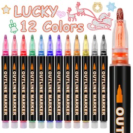 Funnasting Outline Marker Pens, 12 Colors Double Line Outline Pens, Metallic Markers Glitter Doodle Dazzle Pens for Birthday Card, Scrap Booking, Painting, DIY Art Crafts