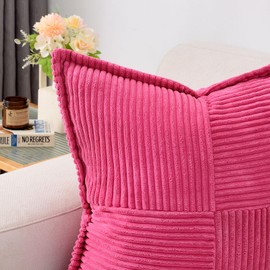 HAUSSY Hot Pink Throw Pillow Covers 20x20 Inch Set of 2, Soft Solid Corduroy Striped/Wide Bordered,Square Decorative Cushion Case,Modern Home Decor for Couch,Bed