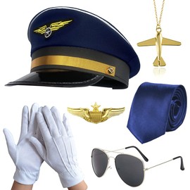 Gionforsy Pilot Costume Accessories Set - Airline Pilot Captain Costume Kit with Aviator Sunglasses and Necktie (Blue)