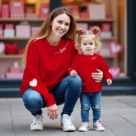 Ritatte Mommy and Me Valentine's Outfit Love Heart Graphic Family Matching Sweatshirt Crewneck Long Sleeve Pullover Top(L, Mom-Red)