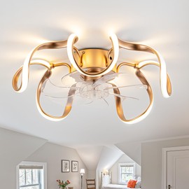 Dawn Whisper 20 Inch Ceiling Fans with Lights, Silent DC Flush Mount Ceiling Fan with Lights Remote 6 Speeds, Dimmable LED Light, Low Profile Ceiling Fan with Light for Bedroom, Kitchen Gold