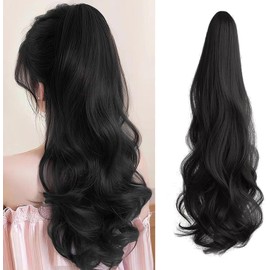 Ponytail Wig, Women's, Clip Type, Long, Curly Hair, Pointed Wig, Extension, Wig, Ponytail 19.7 inches (50 cm), Daily Wear, Dating, Hair Curls, Heat Resistant, 160 degrees, Natural, Thin Face, Fluffy, Fashion, Everyday (Natural Black)
