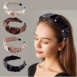 XXFBJNMD Ladies French Vintage Hairbands Satin Pleated Wide Edge Headbands Non-slip Ruffle Hairband For Women Daily Wear(Black)