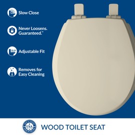 Mayfair Cassel Slow Close Toilet Seat, Easy Clean, Non Slip Premium Wood Seat, Easy Install, Made in USA, Round, Bone
