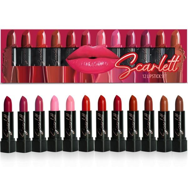 Lippenstift-Set Scarlett - 12 Full-Size Lippenstifte angereichert mit Vitamin E