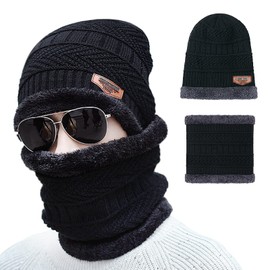 iTGOOS 1 Set Winter Knitted Beanie Hat with Winter Scarf Set Synthetic Wool Warm with Thick Fleece Lined Elastic Neck Warmer Snugly Fit for Men Women Black