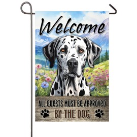 Dalmatian Garden Flag All Visitors Must Be Approved By The Dog Funny Yard Flags for Outside 12x18 Inch Double Sided Front Porch Lawn Garden Yard Decor Burlap Welcome Banner Gifts for Dog Lovers