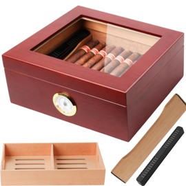 Mantello Cigars Glass Top Cigar Humidors - Humidor Cigar Box with Humidifier, Spanish Cedar Tray, Divider, and Hygrometer - Gifts for Men, Holds 25 to 50 Cigars