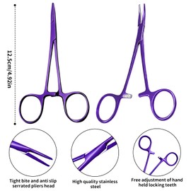 Pack of 2 Piercing Pliers and Hook Remover Pliers Made of Stainless Steel - Tweezers for Cats and Dogs Hair - Sawtooth Design - Artery Clamp (Purple)