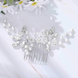 Yean Peine para novia con flores y perlas plateadas, accesorio para el pelo para mujeres y niñas