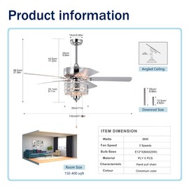 Vivastate Elegant 52'' Crystal Ceiling Fan with 5 Reversible Blades for Ultimate Comfort and Style, Any Room